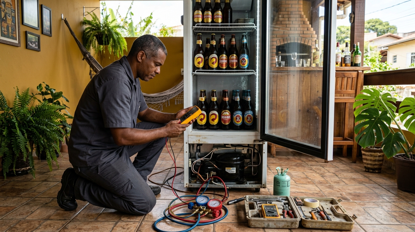 Placa eletrônica de cervejeira em reparo na bancada em Serra‑ES
