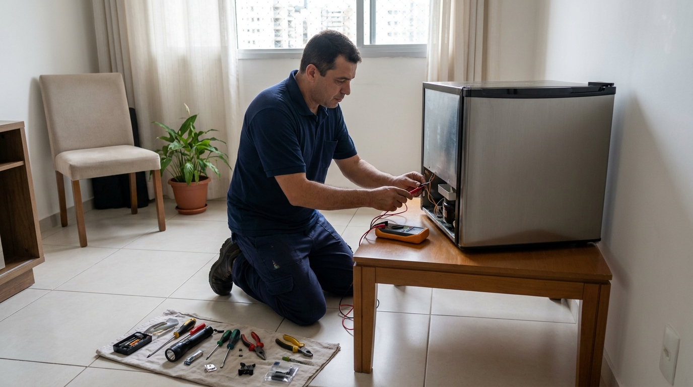 Técnico revisando o motor de um frigobar em Serra‑ES