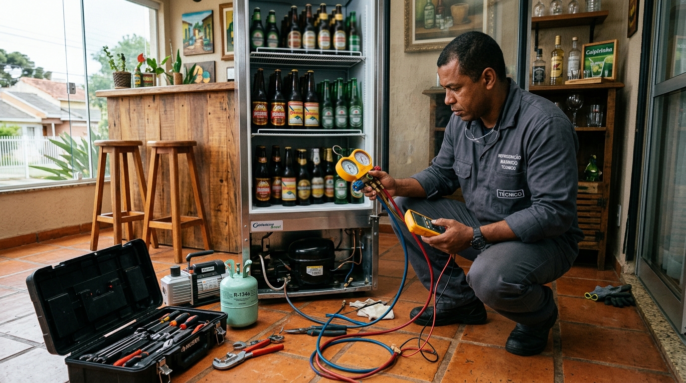 Técnico conferindo a temperatura de uma cervejeira durante atendimento em Serra‑ES
